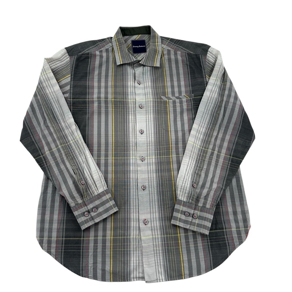 Tommy Bahama Men Gray Plaid Long Sleeve Button Down Cotton Shirt Western Casual